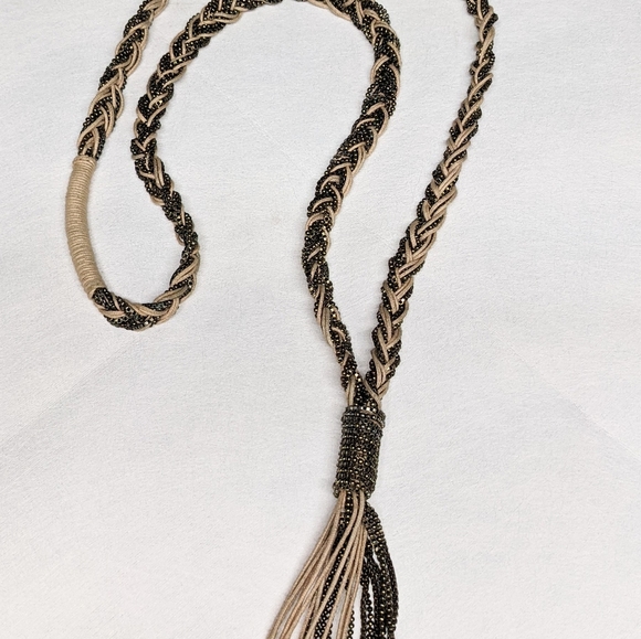 LOFT Braided long necklace sparkle Holidays box chain links cording tassel - Picture 3 of 7